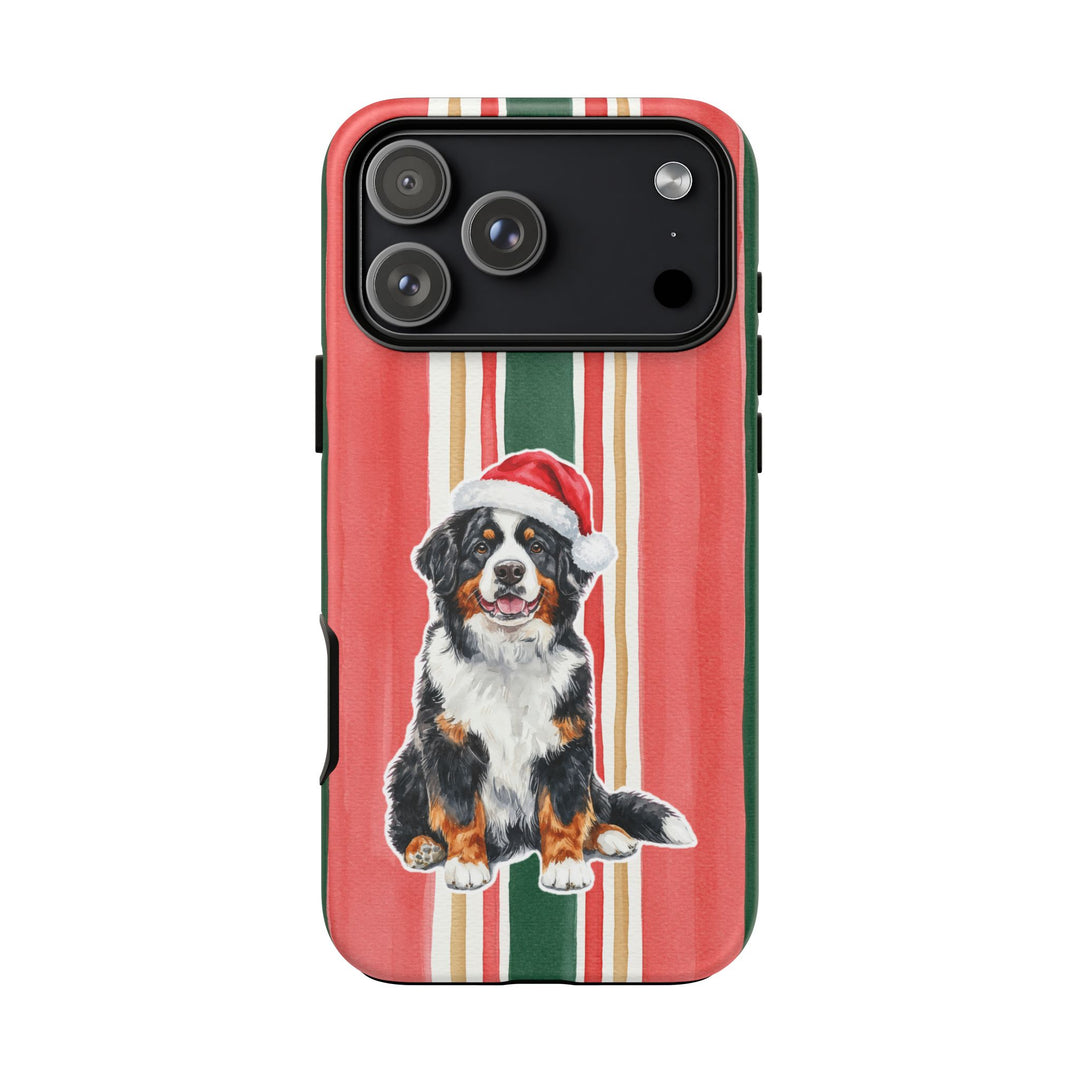 Bernese Mountain Dog Christmas Tough iPhone Case, Classic Red Green Stripes, Santa Dog Phone Cover
