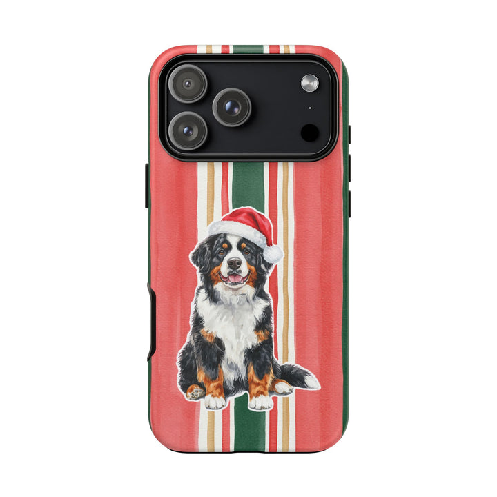 Bernese Mountain Dog Christmas Tough iPhone Case, Classic Red Green Stripes, Santa Dog Phone Cover