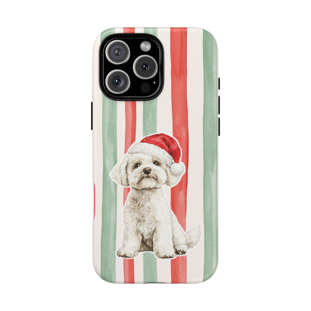 Maltese Christmas Tough iPhone Case, Red Sage Stripes, Santa Dog Phone Cover