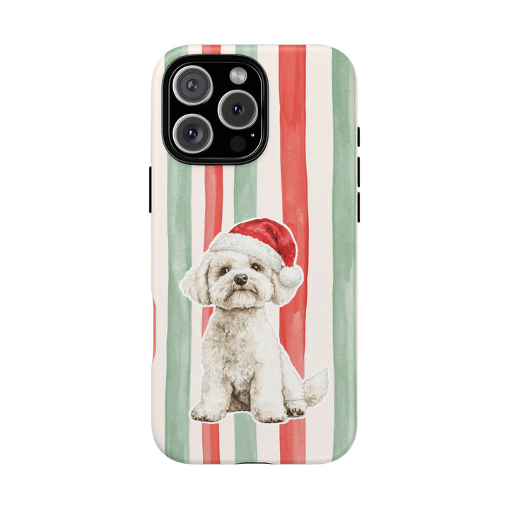 Maltese Christmas Tough iPhone Case, Red Sage Stripes, Santa Dog Phone Cover