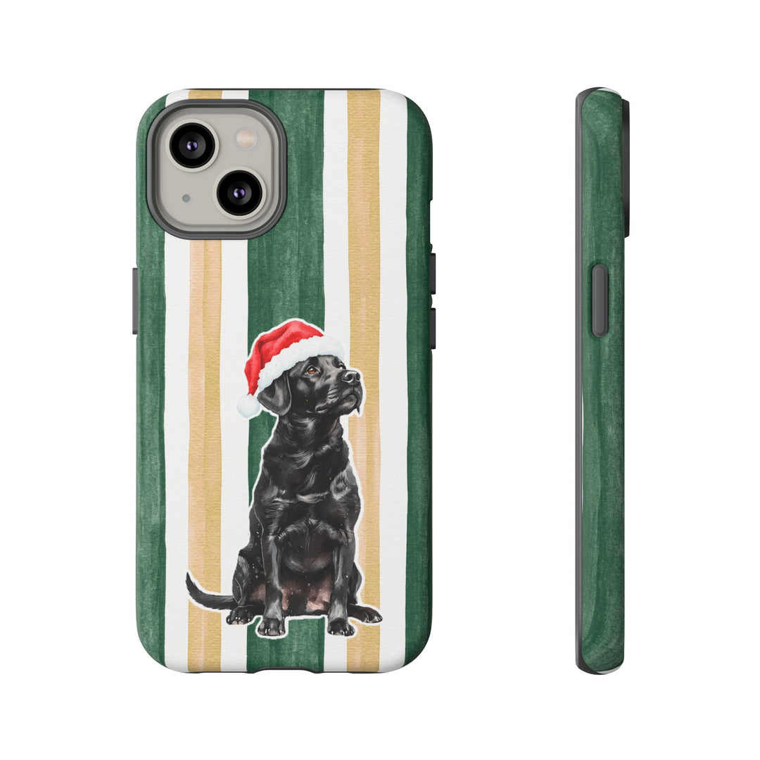 Black Labrador Christmas Tough iPhone Case, Green Gold Stripes, Santa Dog Phone Cover