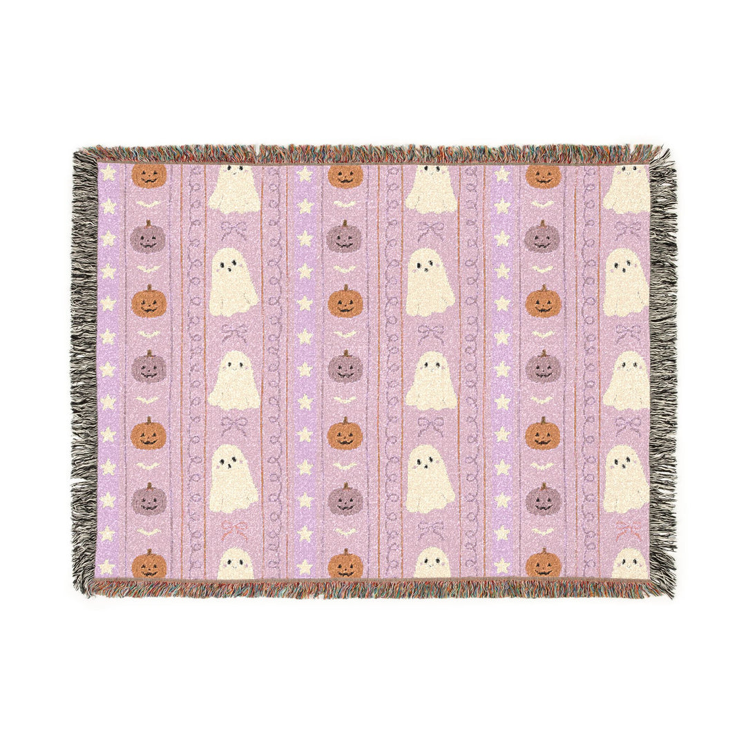 Pink Halloween Ghost Stripe Woven Blanket, Cute Pumpkin Bow Cotton Throw, Pastel Spooky Sofa Decor