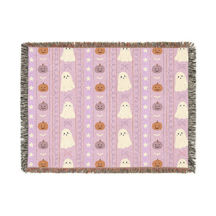 Pink Halloween Ghost Stripe Woven Blanket, Cute Pumpkin Bow Cotton Throw, Pastel Spooky Sofa Decor