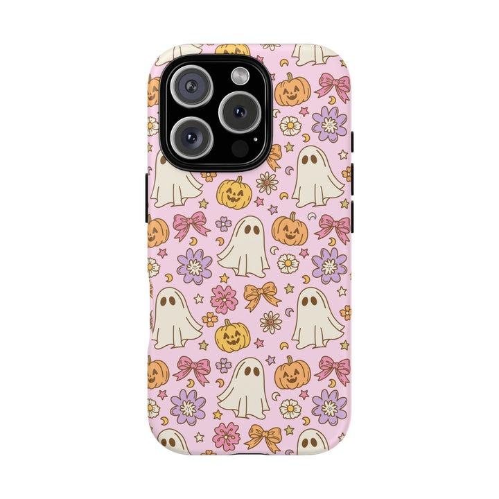Vintage Ghost Floral Tough iPhone Case, Pink Halloween Pumpkin Bow Phone Cover, Matte or Glossy