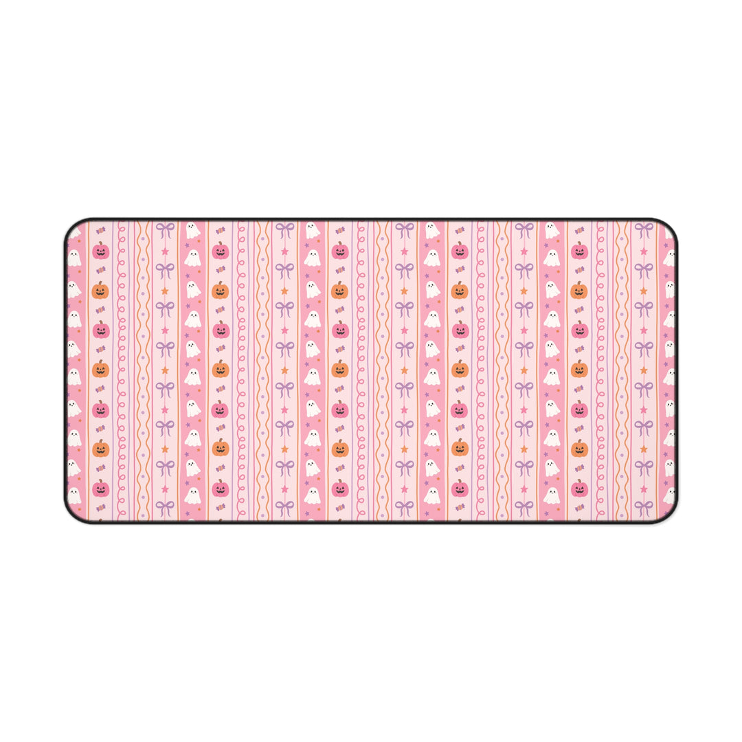Pastel Halloween Stripe Desk Mat, Pink Ghost Pumpkin Candy and Bow Desk Pad, Cute Spooky Large Mouse Pad