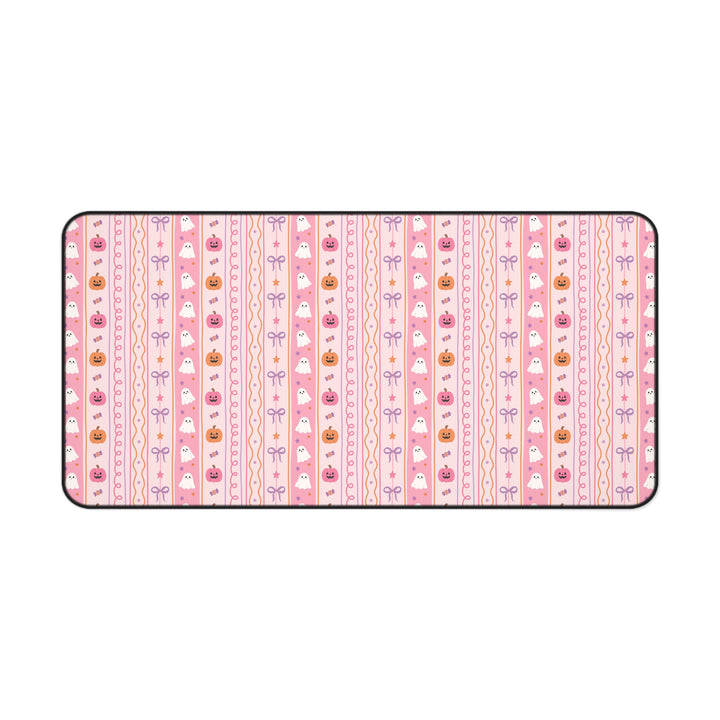 Pastel Halloween Stripe Desk Mat, Pink Ghost Pumpkin Candy and Bow Desk Pad, Cute Spooky Large Mouse Pad