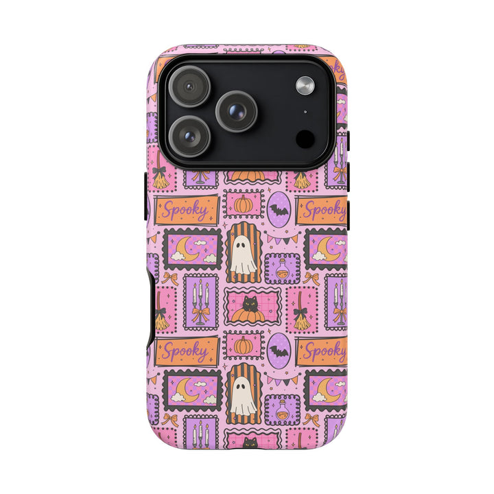 Pink Spooky Frames Tough iPhone Case, Halloween Ghost Black Cat Pumpkin Phone Cover, Matte or Glossy