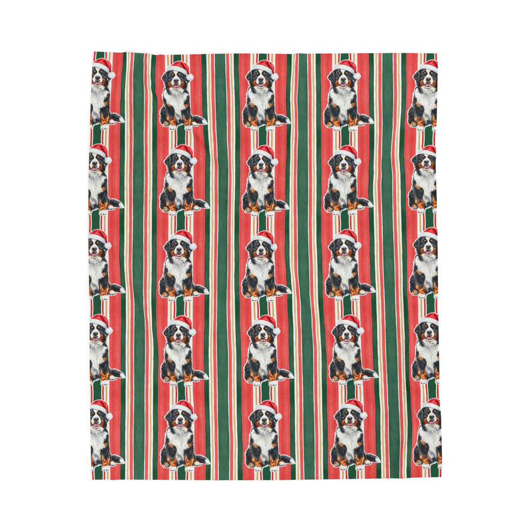 Bernese Mountain Dog Christmas Velveteen Plush Blanket, Classic Red Green Stripes, Santa Dog Throw