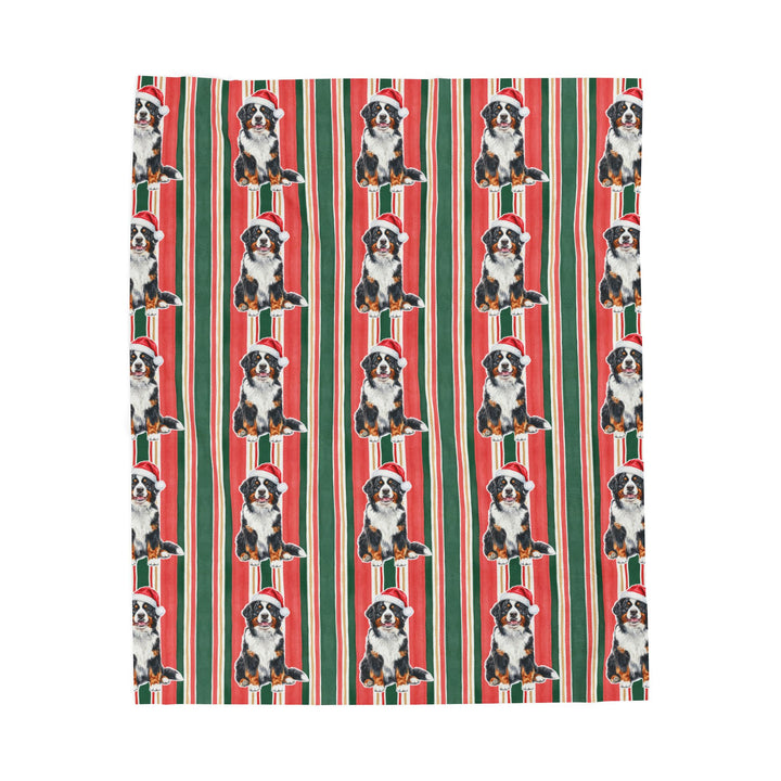 Bernese Mountain Dog Christmas Velveteen Plush Blanket, Classic Red Green Stripes, Santa Dog Throw