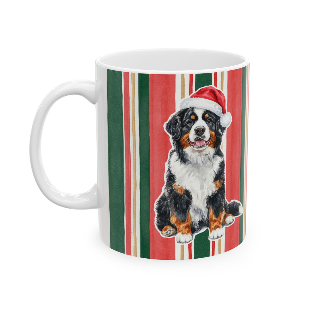 Bernese Mountain Dog Christmas Mug, Classic Christmas Stripes, 11oz White Ceramic