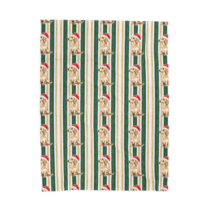 Dachshund Christmas Velveteen Plush Blanket, Green Gold Stripes, Santa Dog Throw