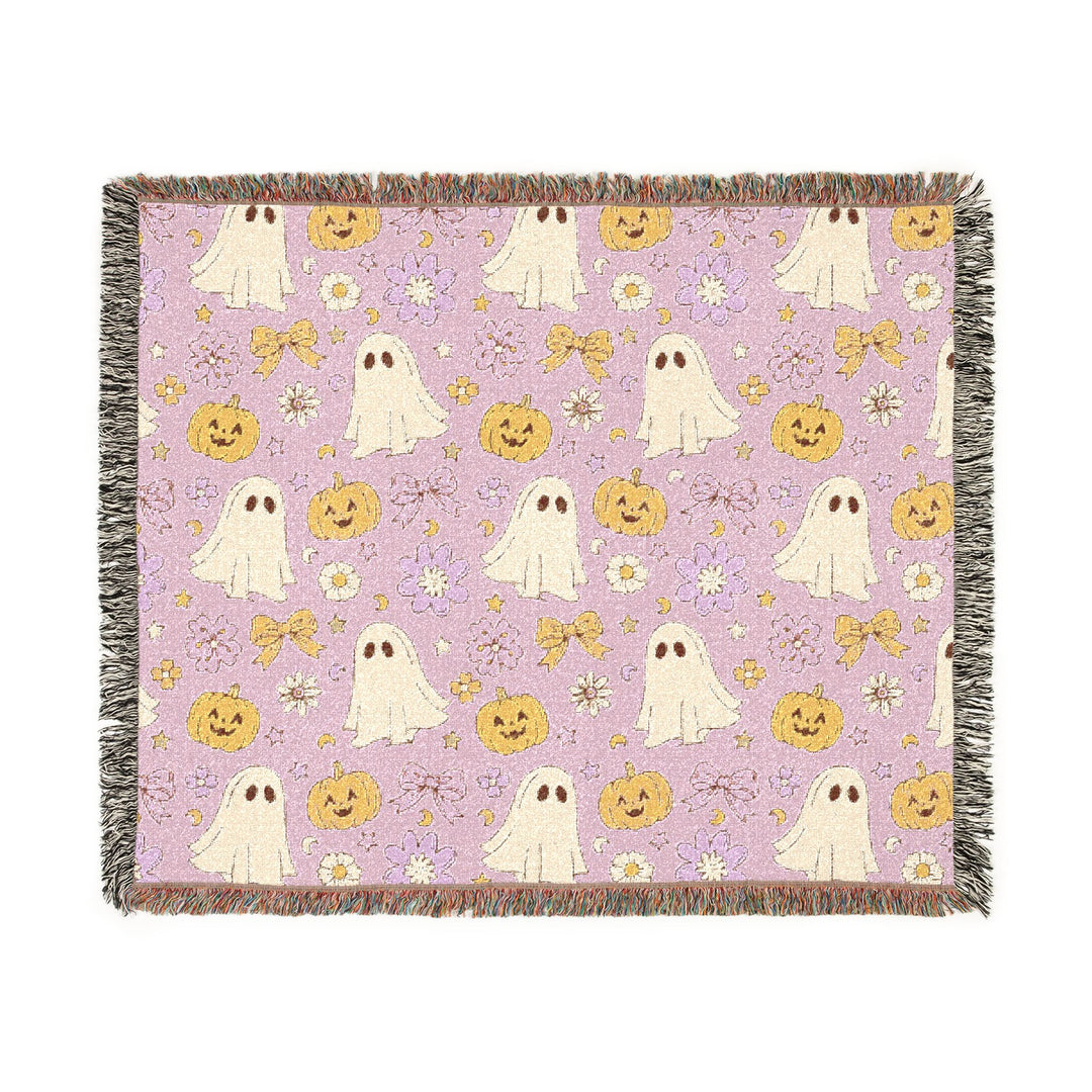 Pink Ghost Bow Woven Blanket, Floral Pumpkin Halloween Cotton Throw, Cute Pastel Spooky Home Decor