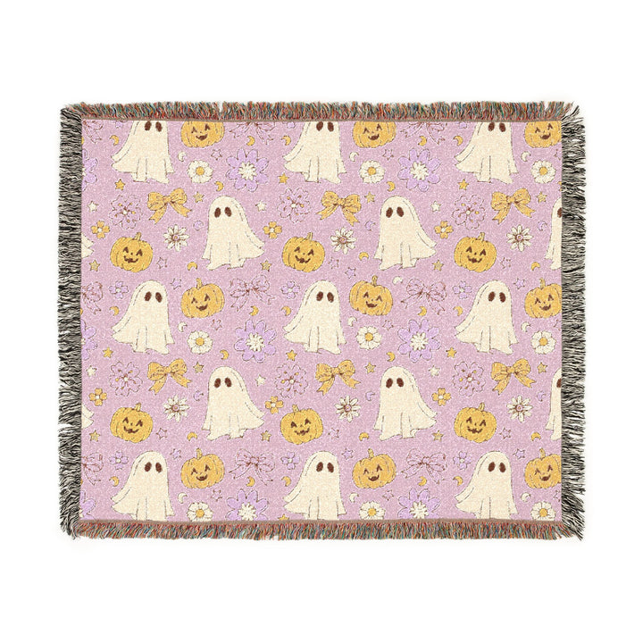 Pink Ghost Bow Woven Blanket, Floral Pumpkin Halloween Cotton Throw, Cute Pastel Spooky Home Decor