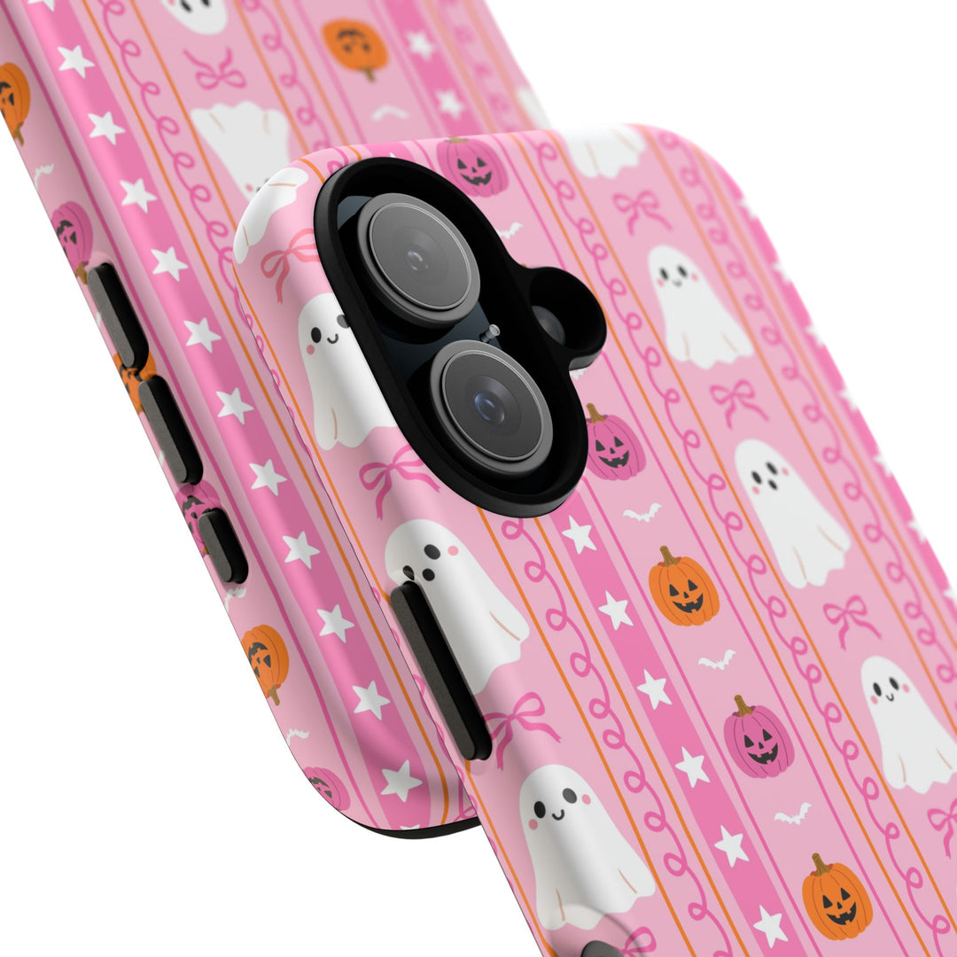 Pink Ghost Stripe Tough iPhone Case, Cute Halloween Pumpkin Bow Phone Cover, Matte or Glossy