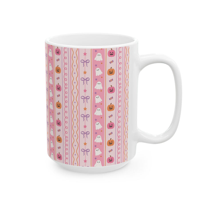 Pastel Halloween Pumpkin Ghost Ceramic Mug, Pink Candy Bow Stripe Coffee Cup, Cute Spooky Gift, 11oz and 15oz