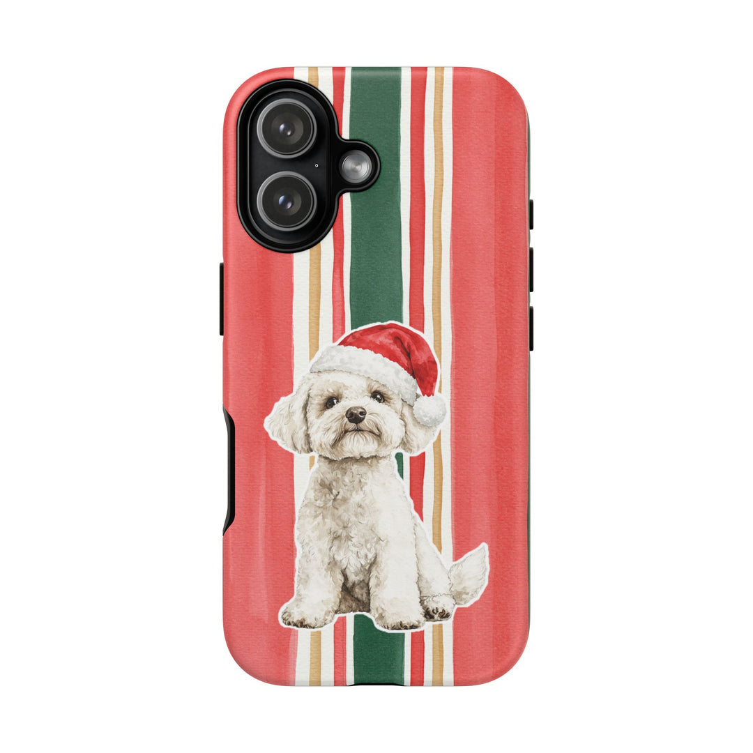 Maltese Christmas Tough iPhone Case, Classic Red Green Stripes, Santa Dog Phone Cover