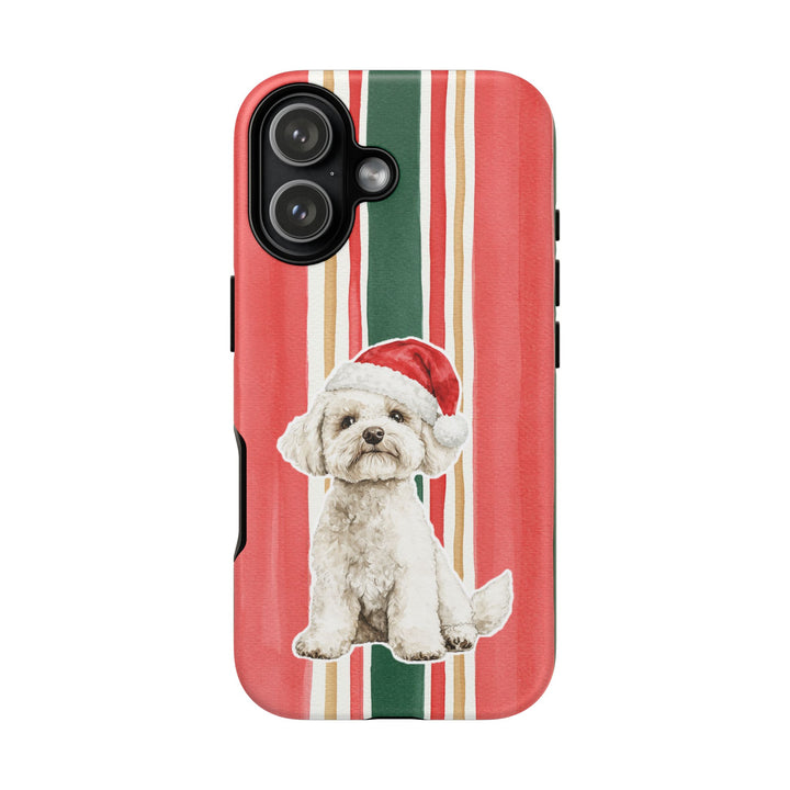 Maltese Christmas Tough iPhone Case, Classic Red Green Stripes, Santa Dog Phone Cover