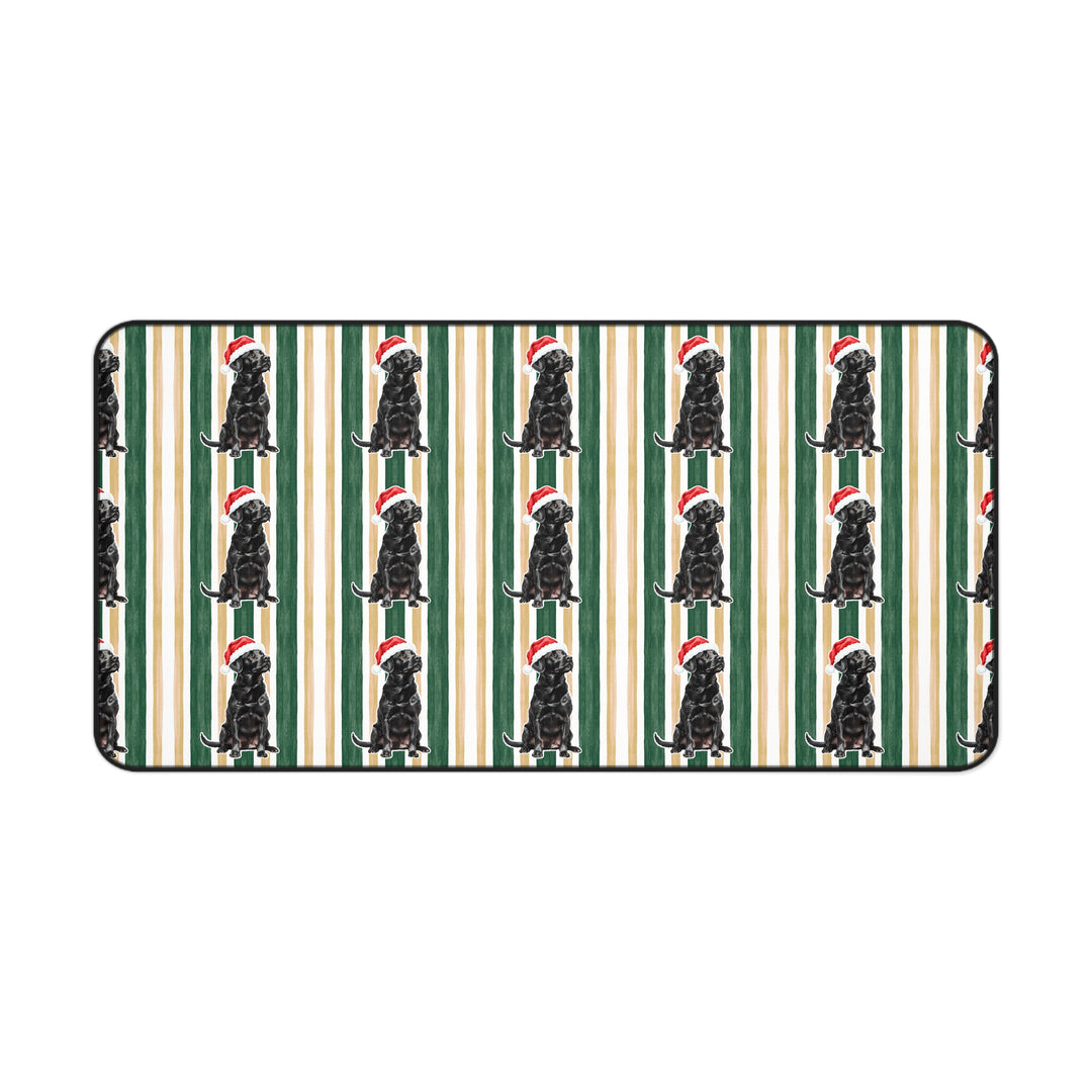 Black Labrador Christmas Desk Mat, Green Gold Stripes, Santa Dog Desk Pad