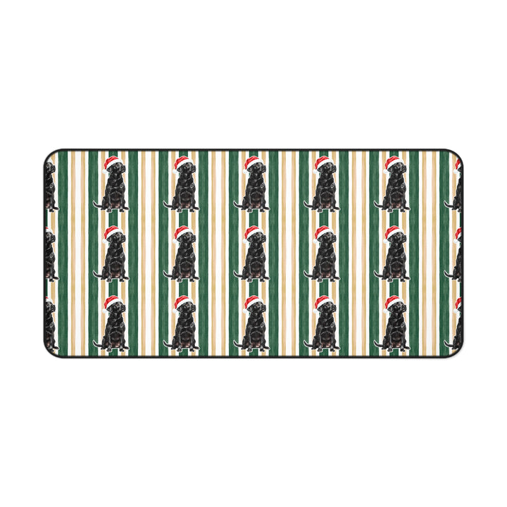 Black Labrador Christmas Desk Mat, Green Gold Stripes, Santa Dog Desk Pad