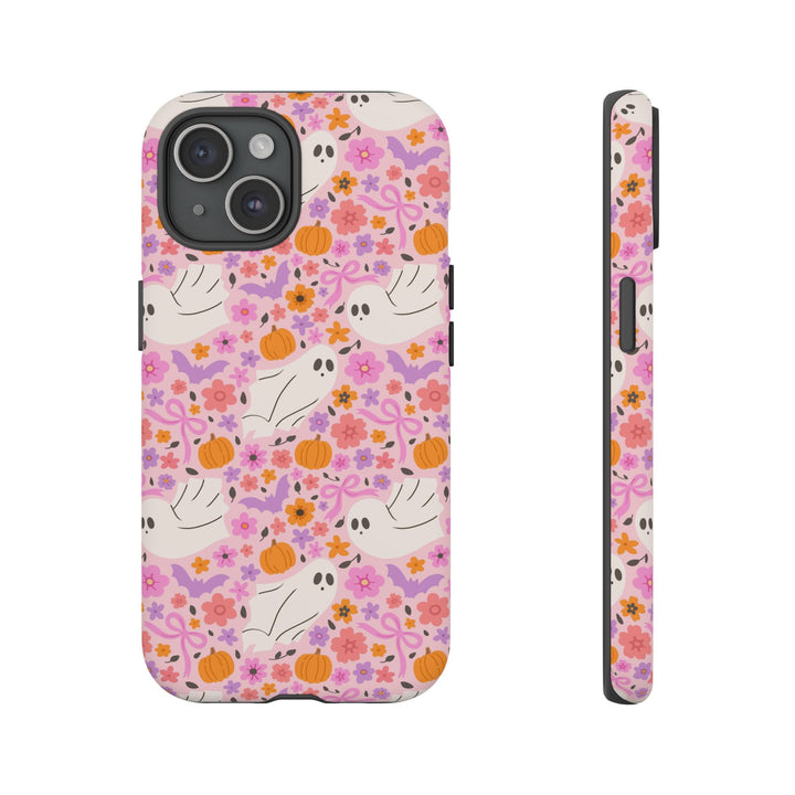 Pink Floral Ghost Tough iPhone Case, Cute Halloween Pumpkin Bat Phone Cover, Matte or Glossy