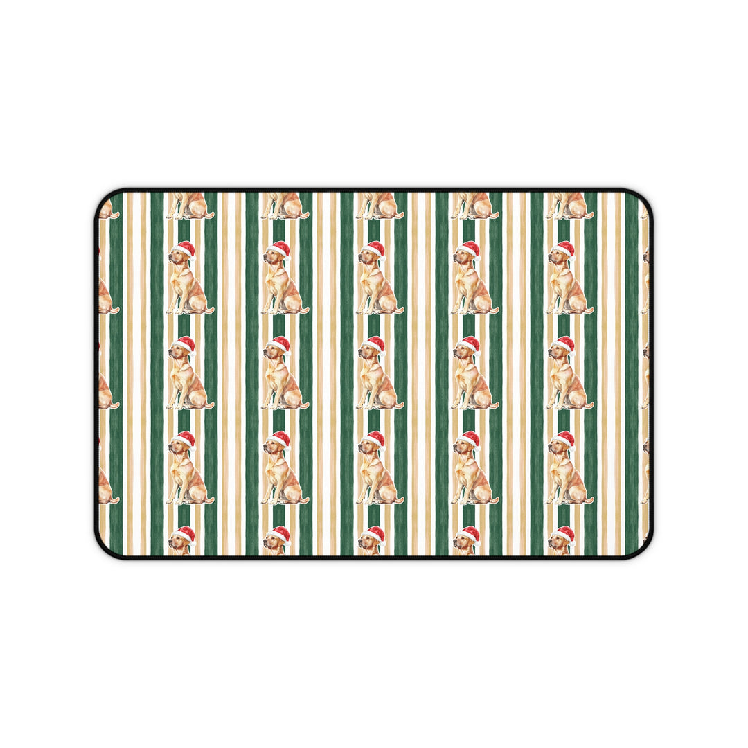 Yellow Labrador Christmas Desk Mat, Green Gold Stripes, Santa Dog Desk Pad