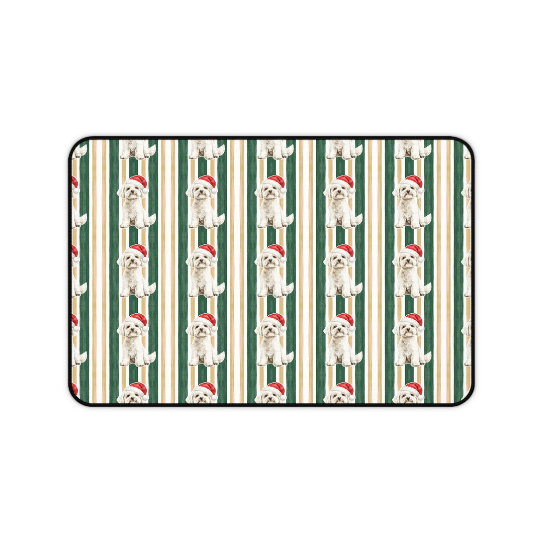 Maltese Christmas Desk Mat, Green Gold Stripes, Santa Dog Desk Pad