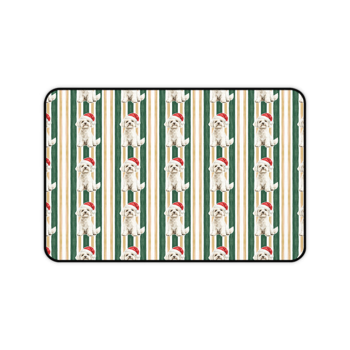 Maltese Christmas Desk Mat, Green Gold Stripes, Santa Dog Desk Pad