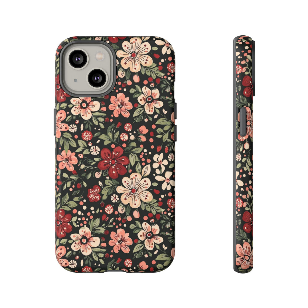 Retro Christmas Floral Tough iPhone Case, Dark Botanical Pink Red Flower Phone Cover, Matte or Glossy