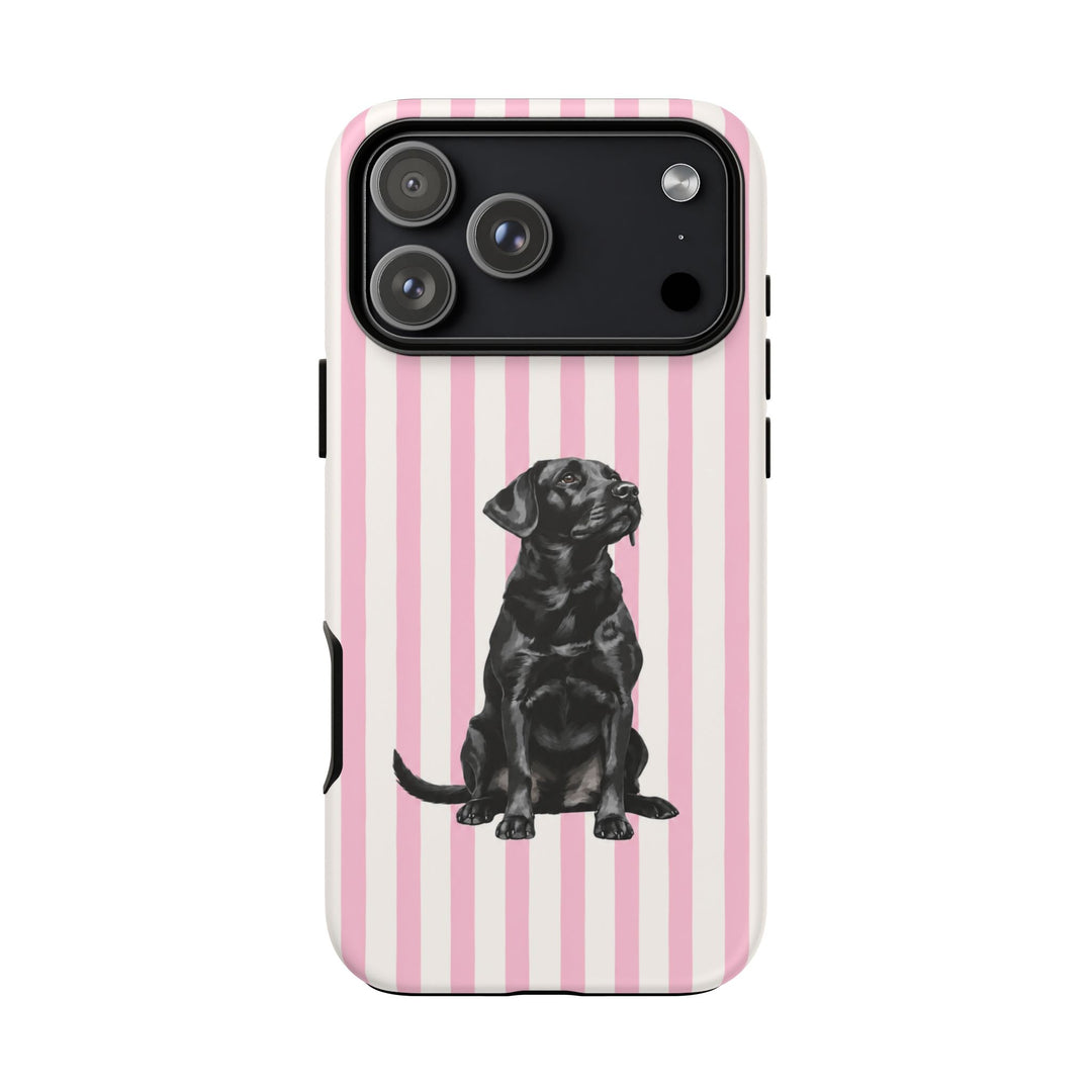 Black Lab iPhone Case, Pink Stripe Tough Phone Cover, Labrador Mom Gift