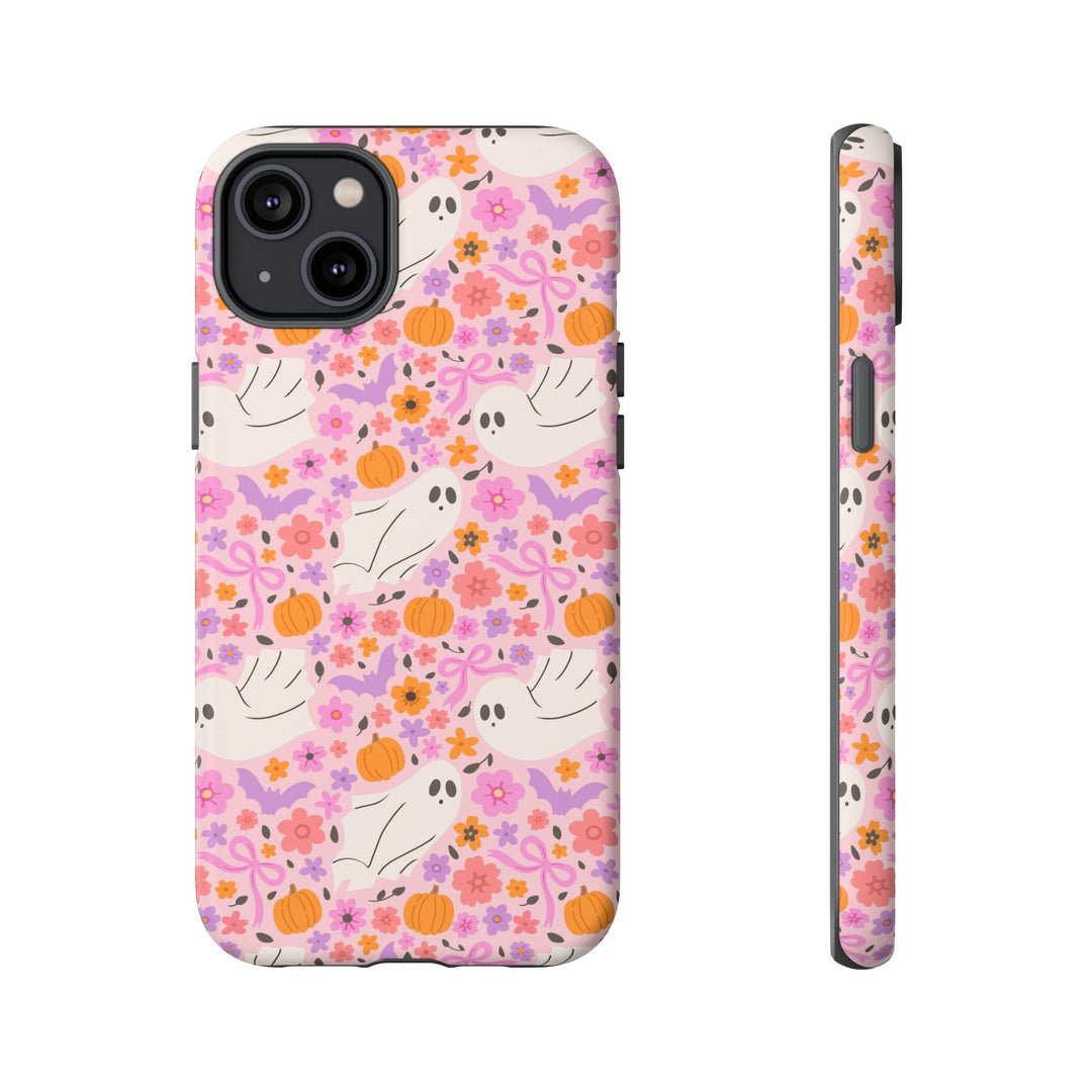Pink Floral Ghost Tough iPhone Case, Cute Halloween Pumpkin Bat Phone Cover, Matte or Glossy