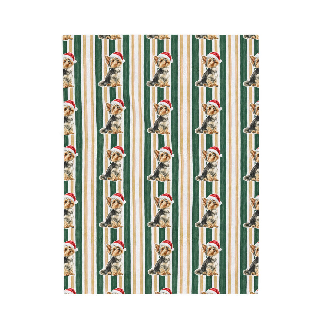 Yorkshire Terrier Christmas Velveteen Plush Blanket, Green Gold Stripes, Santa Dog Throw