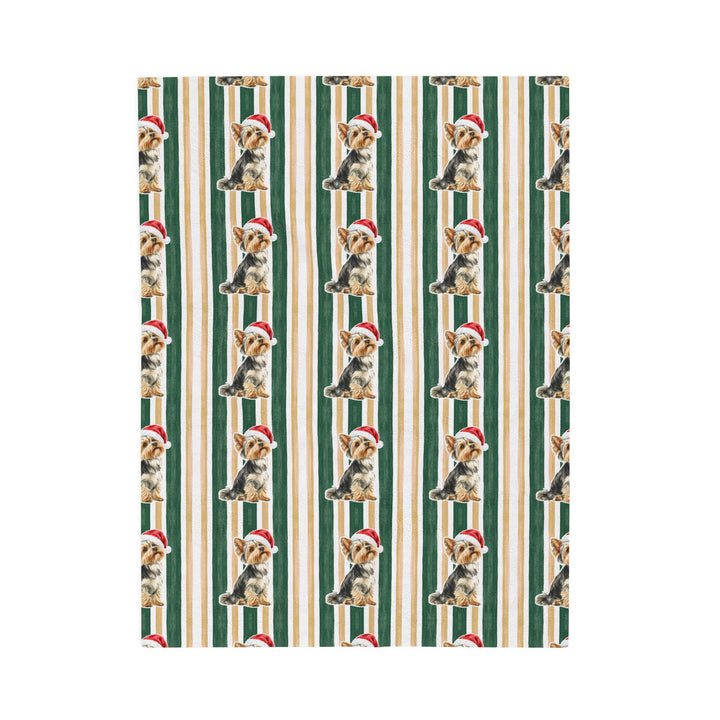 Yorkshire Terrier Christmas Velveteen Plush Blanket, Green Gold Stripes, Santa Dog Throw
