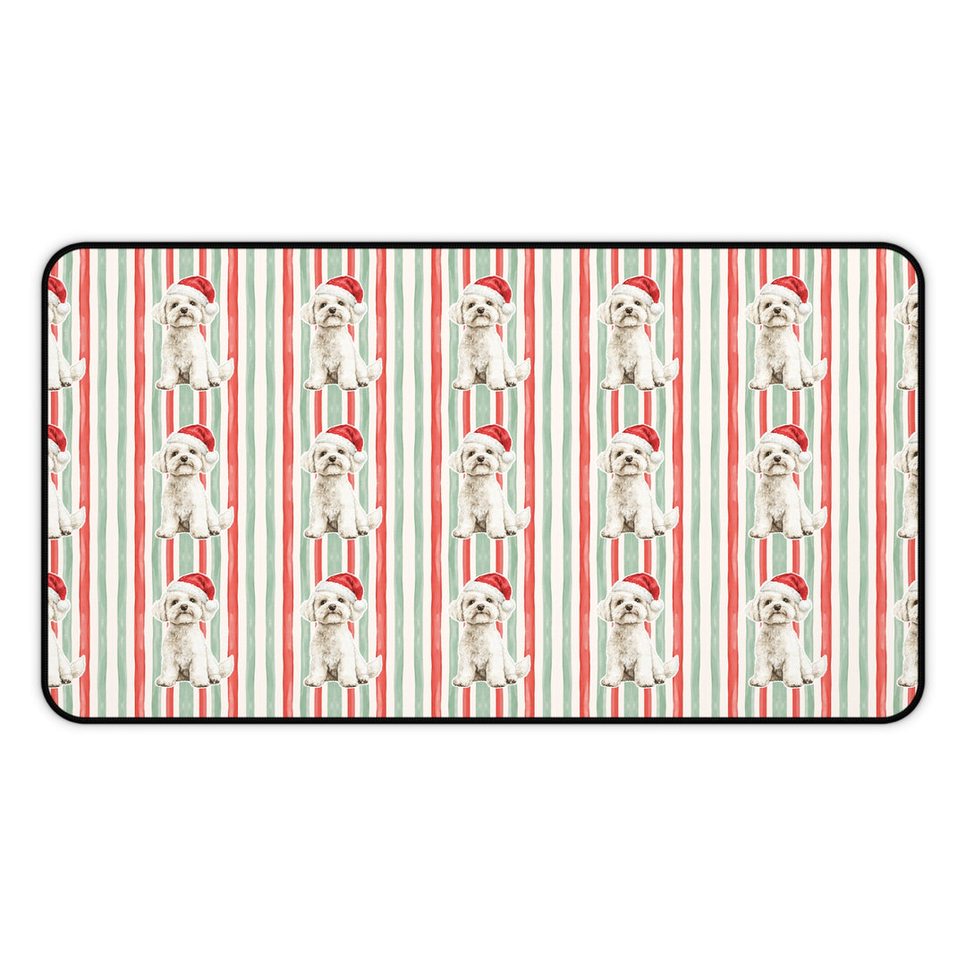 Maltese Christmas Desk Mat, Red Sage Stripes, Santa Dog Desk Pad