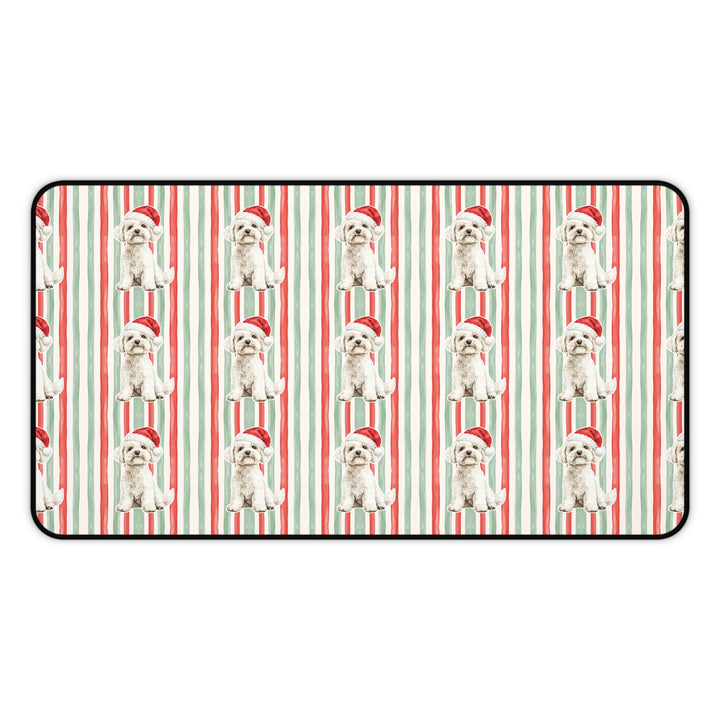 Maltese Christmas Desk Mat, Red Sage Stripes, Santa Dog Desk Pad