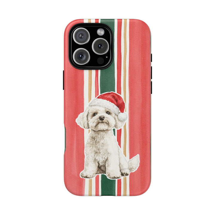 Maltese Christmas Tough iPhone Case, Classic Red Green Stripes, Santa Dog Phone Cover