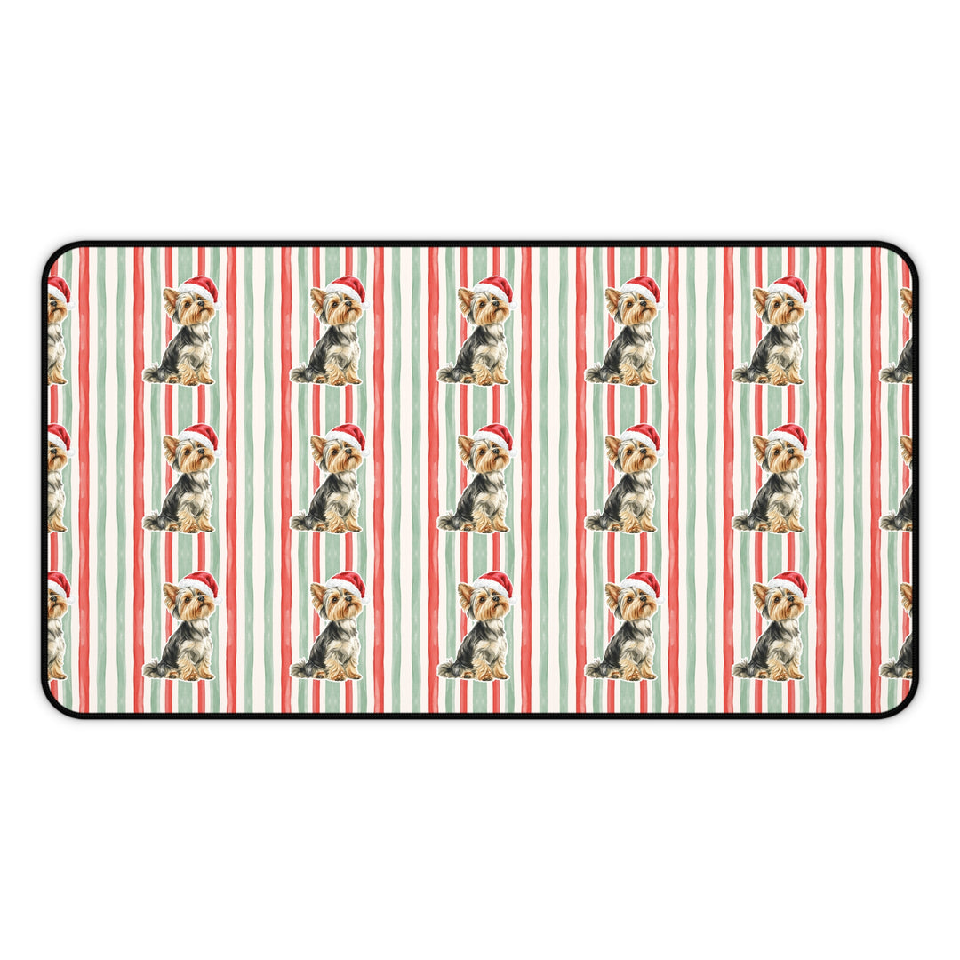 Yorkshire Terrier Christmas Desk Mat, Red Sage Stripes, Santa Dog Desk Pad