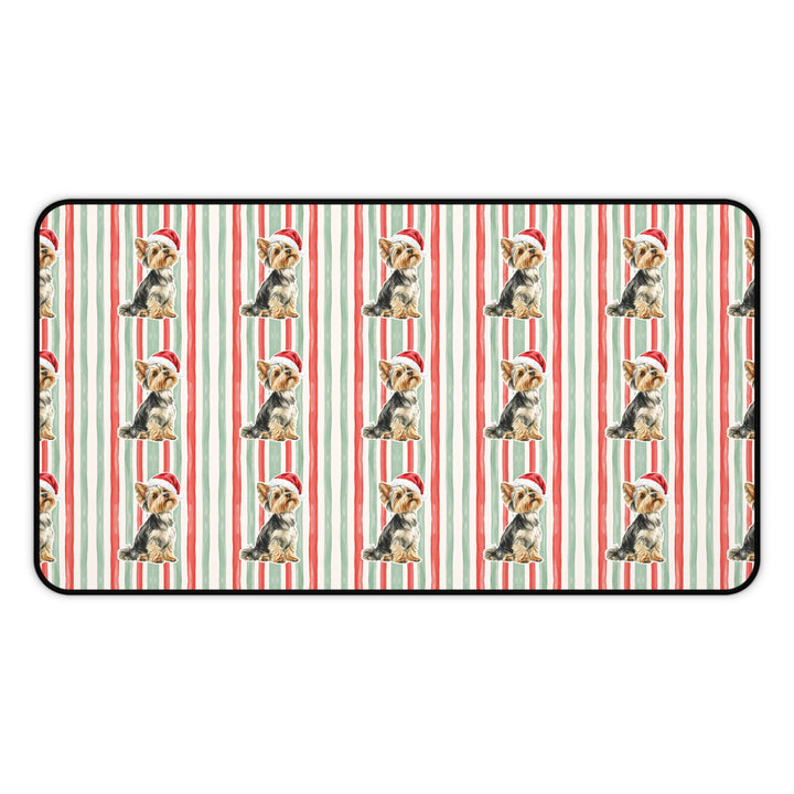 Yorkshire Terrier Christmas Desk Mat, Red Sage Stripes, Santa Dog Desk Pad