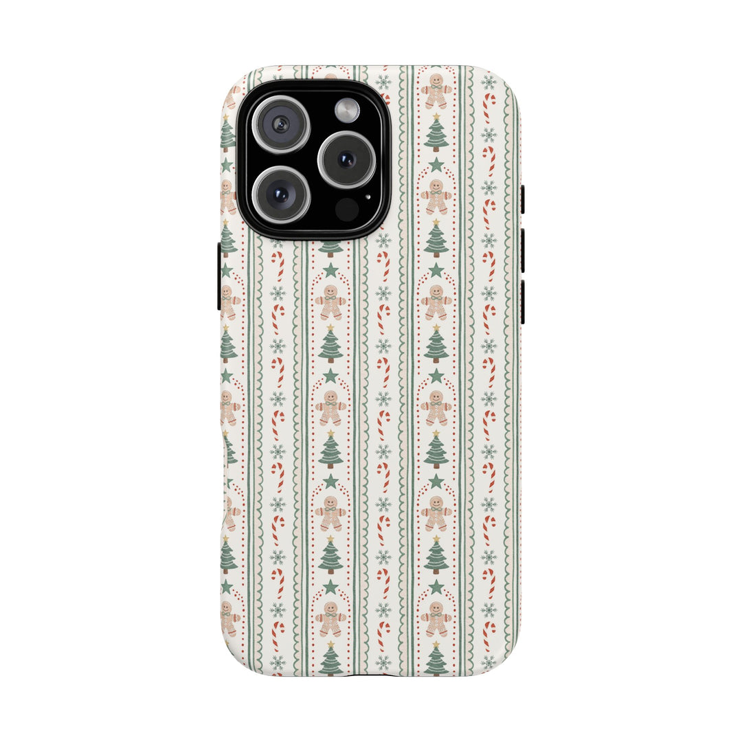 Gingerbread Stripe Tough iPhone Case, Sage Green Christmas Tree Holiday Phone Cover, Matte or Glossy
