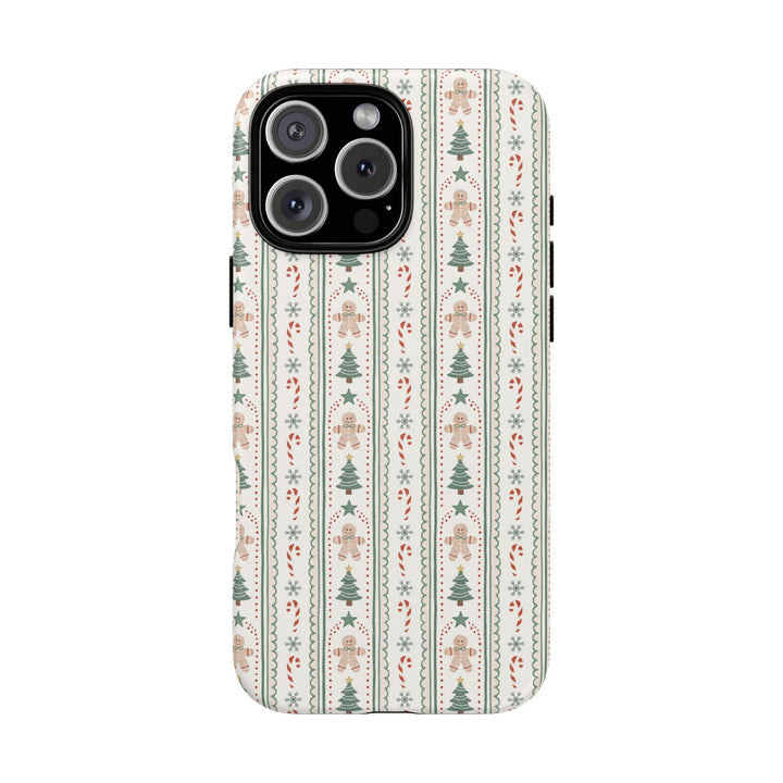 Gingerbread Stripe Tough iPhone Case, Sage Green Christmas Tree Holiday Phone Cover, Matte or Glossy
