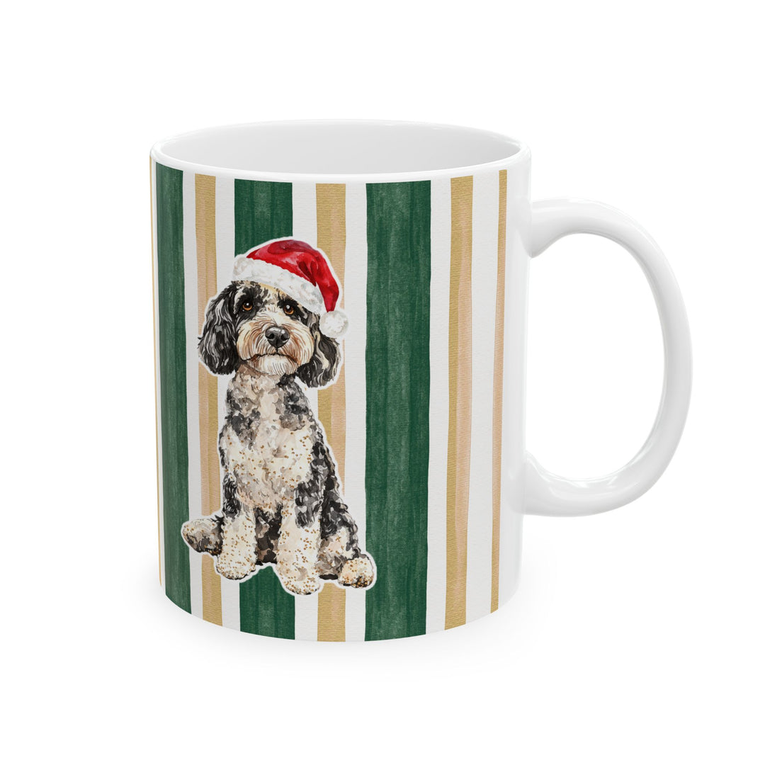 Doodle Christmas Mug, Green Gold Stripes, 11oz White Ceramic