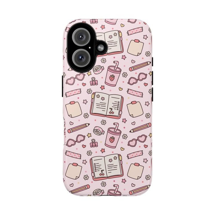 Pink Stationery Tough iPhone Case, Back to School Notebook and Pencil Phone Cover, Matte or Glossy