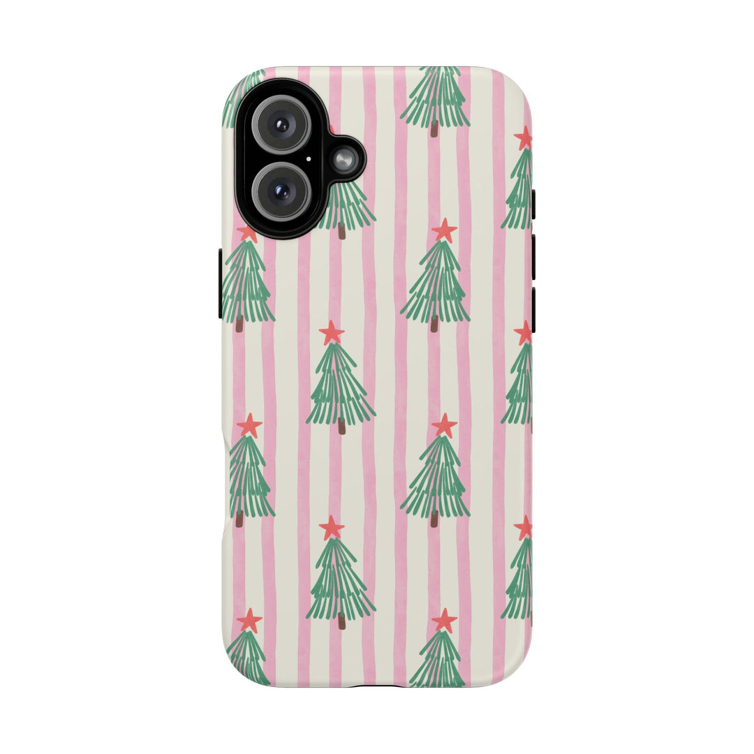 Retro Christmas Tree Tough iPhone Case, Pink Stripe Green Tree Holiday Phone Cover, Matte or Glossy