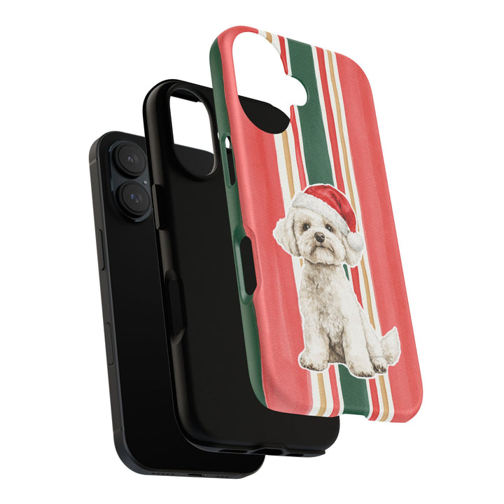 Maltese Christmas Tough iPhone Case, Classic Red Green Stripes, Santa Dog Phone Cover