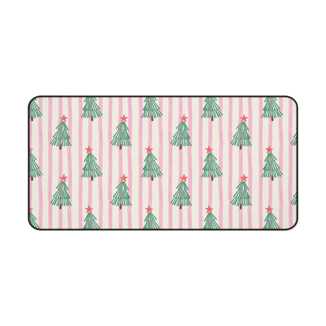 Retro Christmas Tree Desk Mat, Pink Stripe Holiday Desk Pad, Green Trees and Red Stars Office Decor