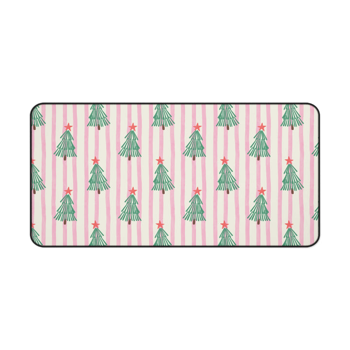 Retro Christmas Tree Desk Mat, Pink Stripe Holiday Desk Pad, Green Trees and Red Stars Office Decor