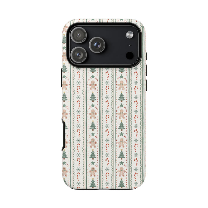 Gingerbread Stripe Tough iPhone Case, Sage Green Christmas Tree Holiday Phone Cover, Matte or Glossy