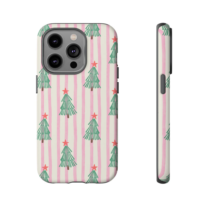 Retro Christmas Tree Tough iPhone Case, Pink Stripe Green Tree Holiday Phone Cover, Matte or Glossy
