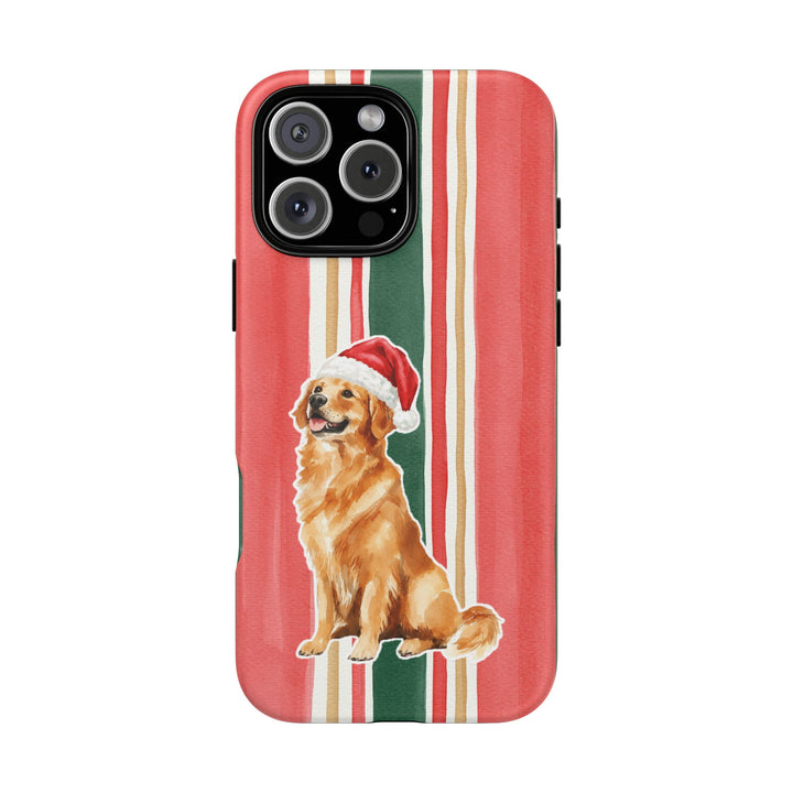 Golden Retriever Christmas Tough iPhone Case, Classic Red Green Stripes, Santa Dog Phone Cover