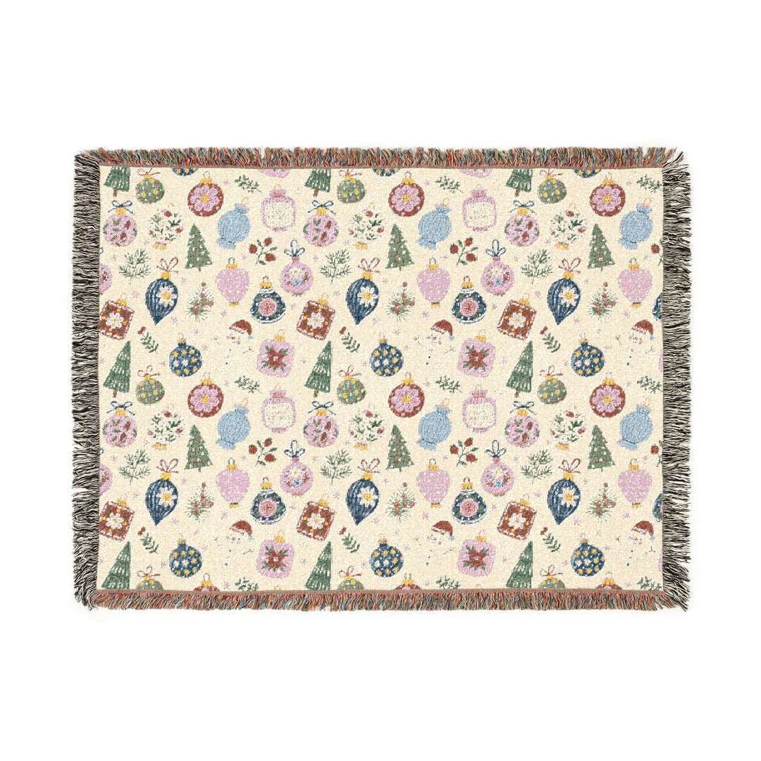 Christmas Ornament Woven Blanket, Pink Blue Holiday Cotton Throw, Snowman and Bauble Sofa Decor