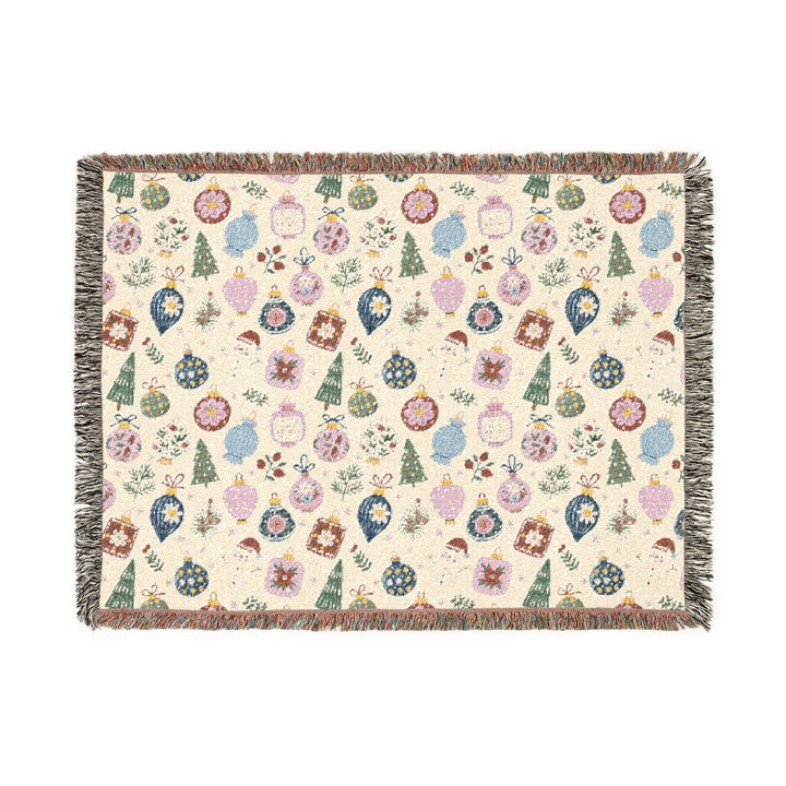Christmas Ornament Woven Blanket, Pink Blue Holiday Cotton Throw, Snowman and Bauble Sofa Decor